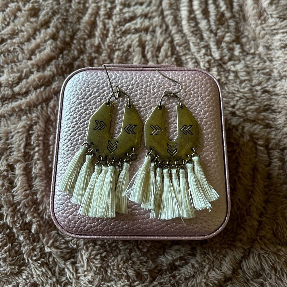 Boho Brass Teardrop Tassel Earrings in Cream